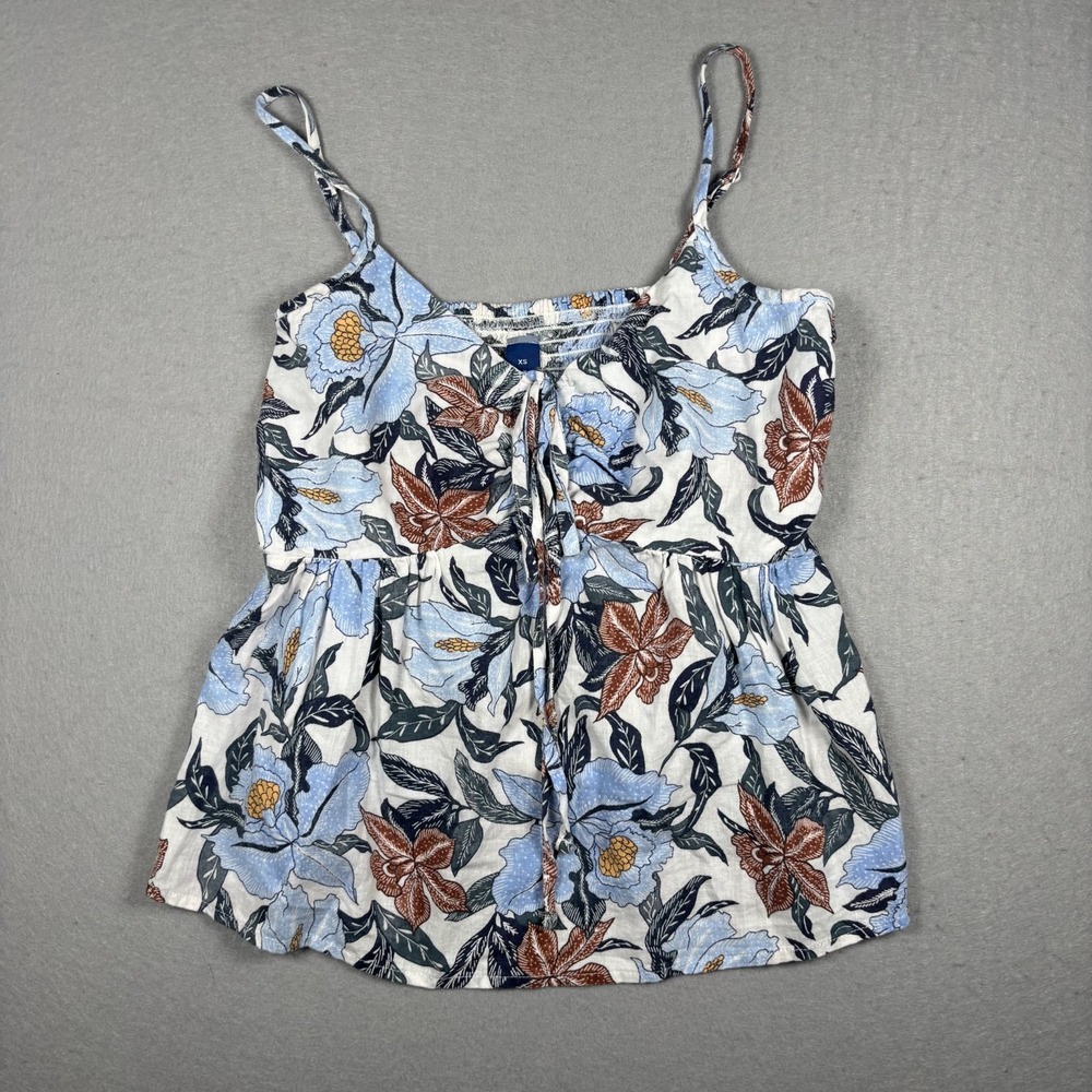 Old Navy Linen-Blend Smocked Babydoll Cami Top Size XS Floral Strappy Tank Boho